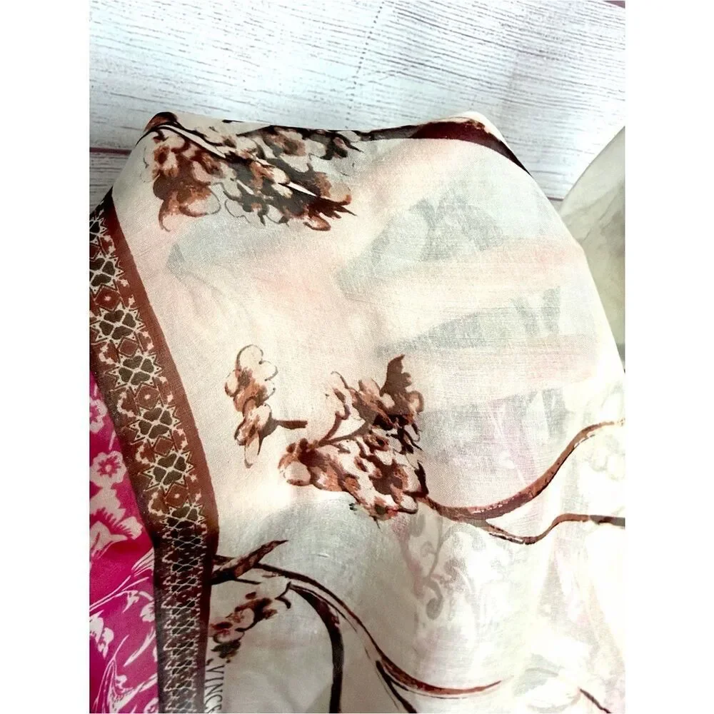 Vince Camuto Silk Chiffon Large Scarf Peacock Birds Pink Floral Trim Sheer